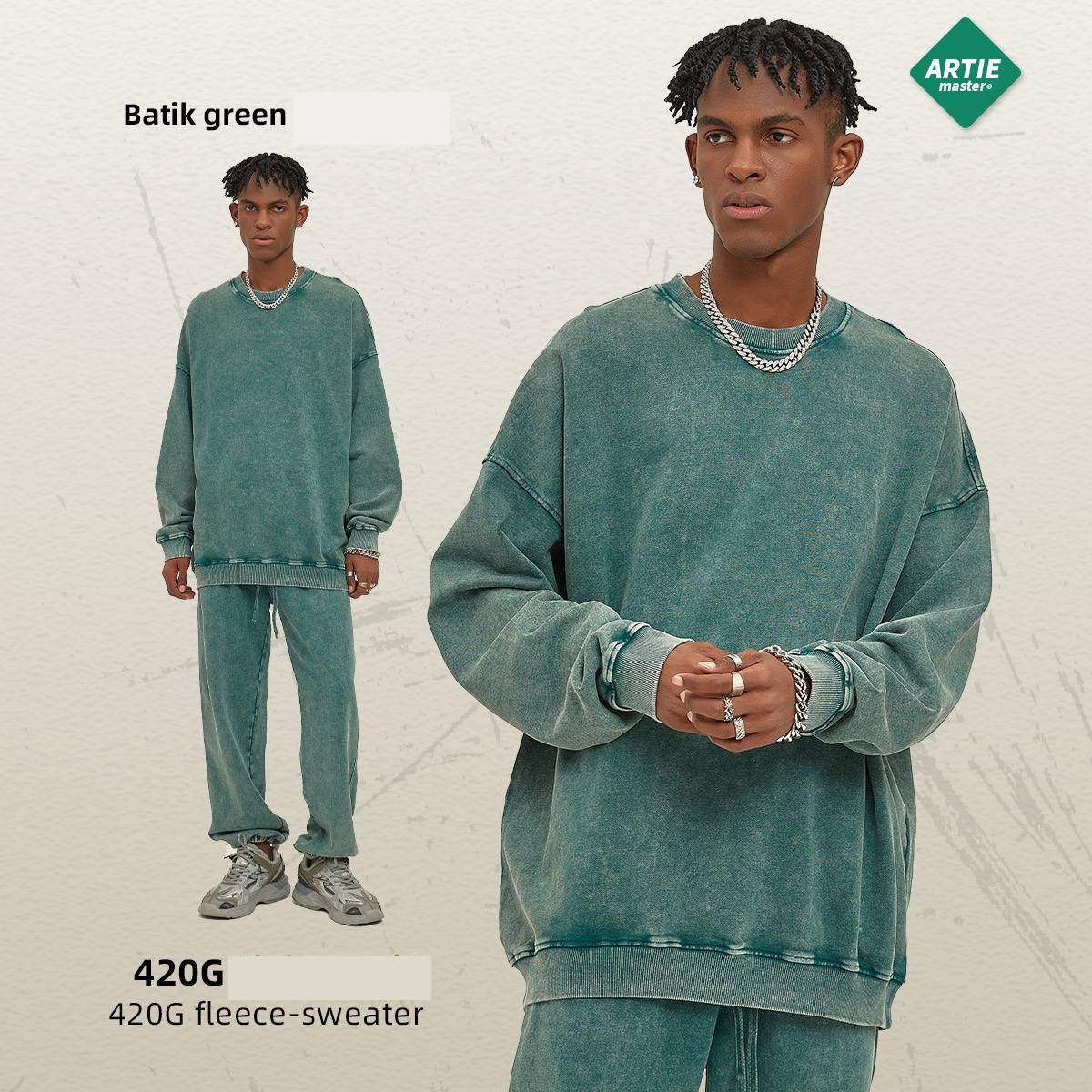 ARTIE Men's and Women's Clothing | Batik Heavy 420g Round Neck Sweatshirt for Men & Women Trendy Brand Solid Color Washed Distressed Retro Men's & Women's Sweatshirt (limited)