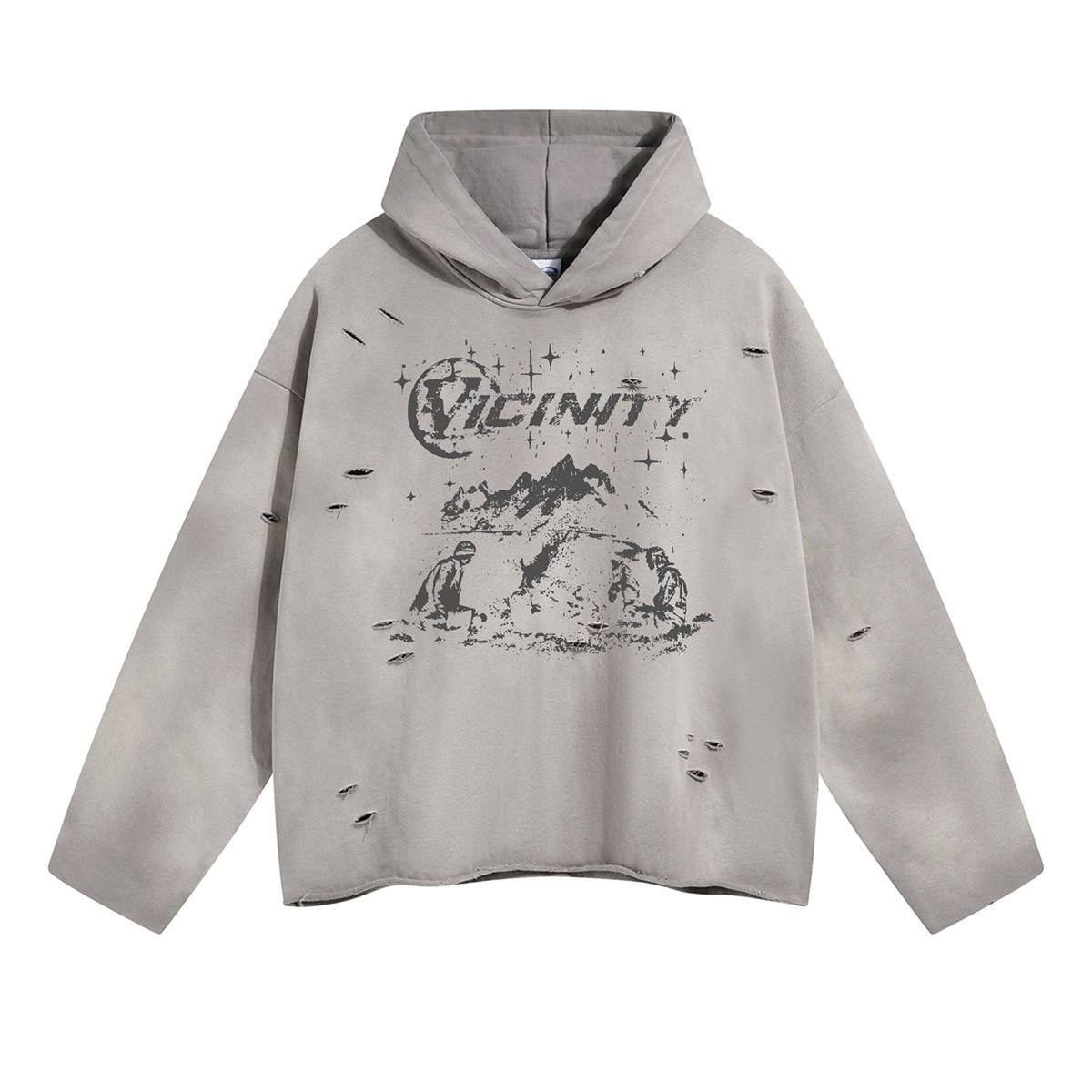 2025 autumn irregular hole raw edge distressed spray monkey print hooded sweatshirt Street fashion retro men's and women's hoodies (LIMITED )