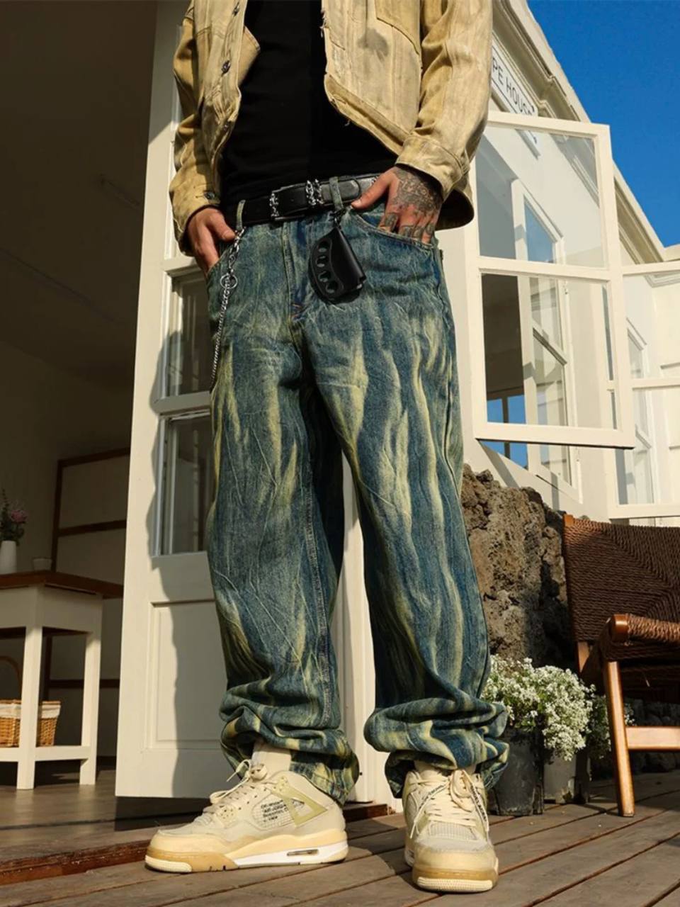 American street spring versatile casual retro solid color workwear trousers men's loose straight mid-waist high street trend