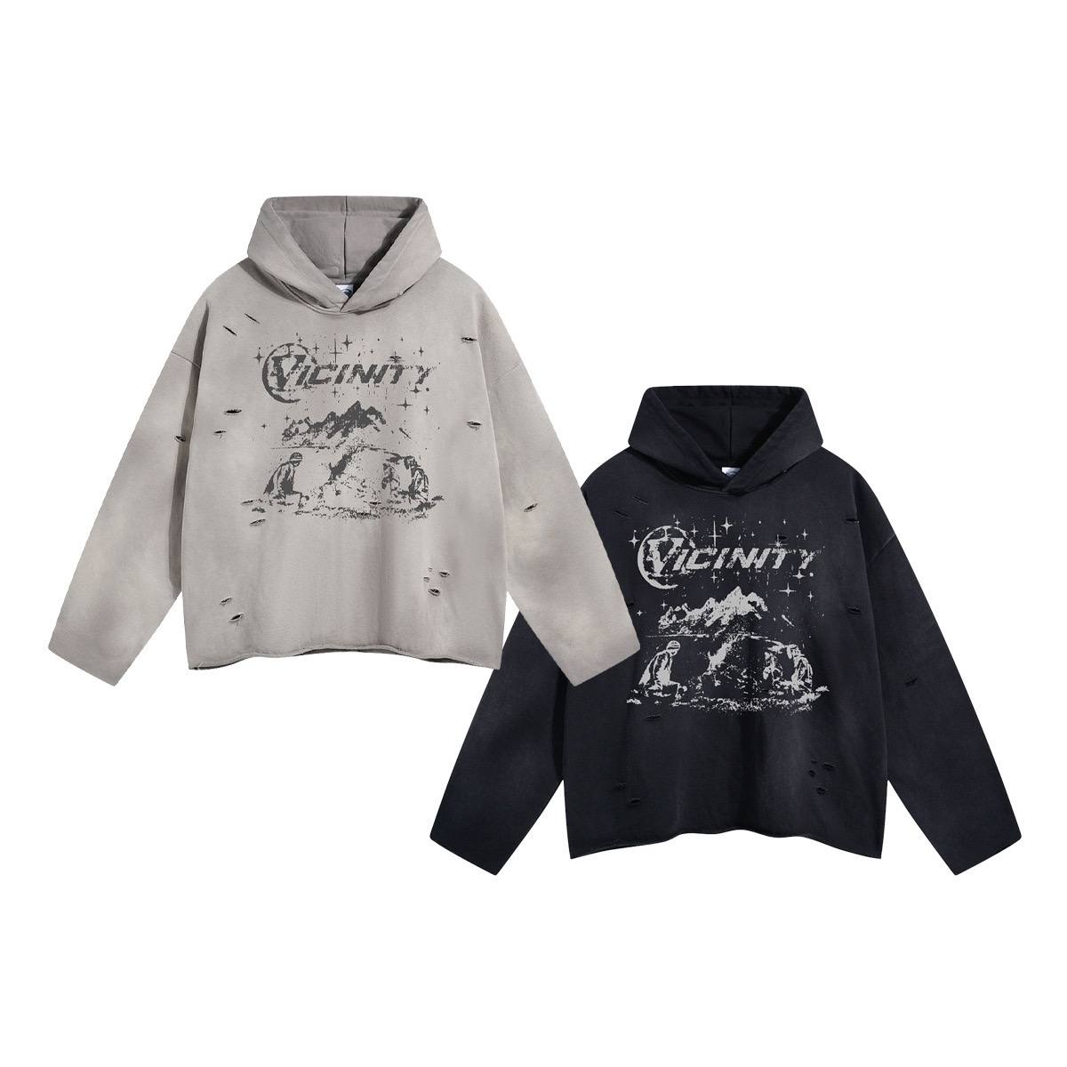 2025 autumn irregular hole raw edge distressed spray monkey print hooded sweatshirt Street fashion retro men's and women's hoodies (LIMITED )