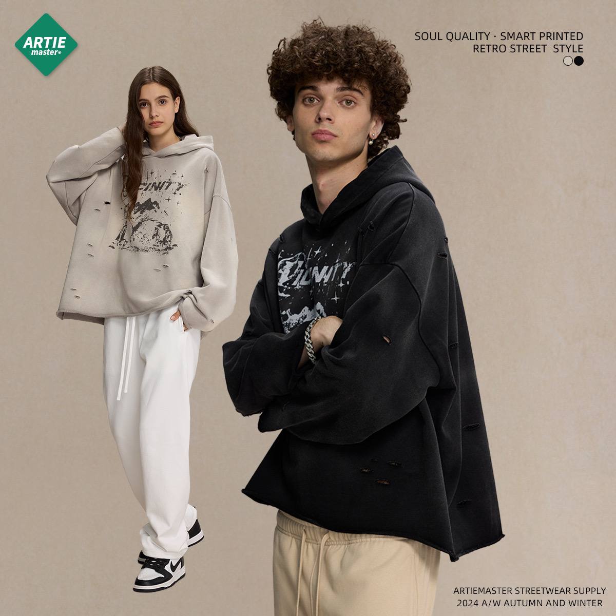2025 autumn irregular hole raw edge distressed spray monkey print hooded sweatshirt Street fashion retro men's and women's hoodies (LIMITED )
