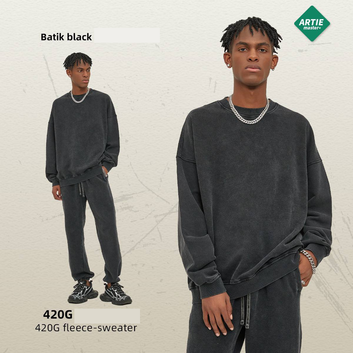 ARTIE Men's and Women's Clothing | Batik Heavy 420g Round Neck Sweatshirt for Men & Women Trendy Brand Solid Color Washed Distressed Retro Men's & Women's Sweatshirt (limited)
