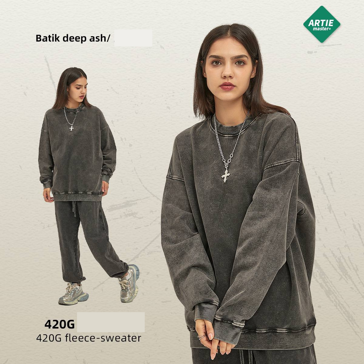 ARTIE Men's and Women's Clothing | Batik Heavy 420g Round Neck Sweatshirt for Men & Women Trendy Brand Solid Color Washed Distressed Retro Men's & Women's Sweatshirt (limited)
