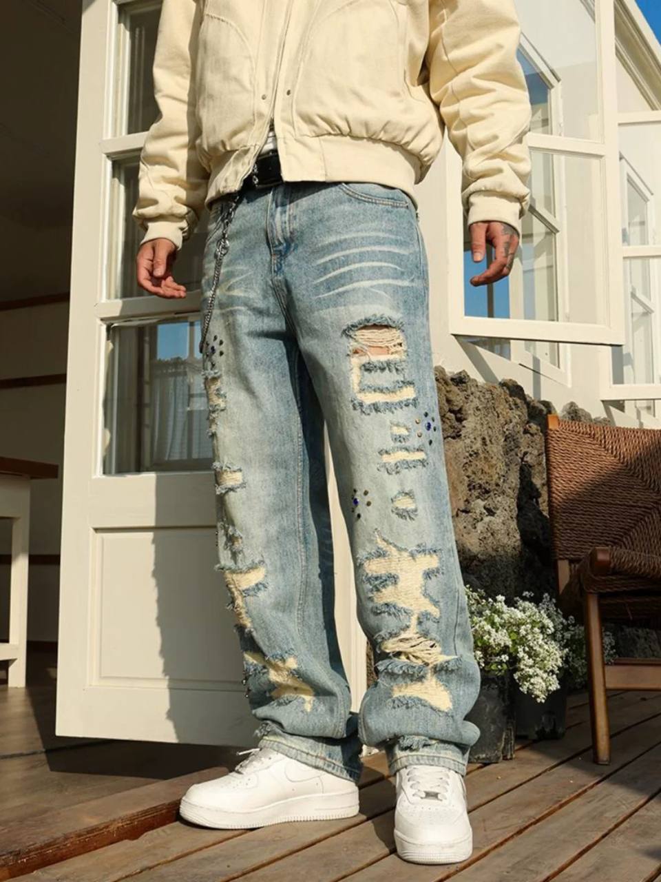 American street spring versatile casual retro solid color workwear trousers men's loose straight mid-waist high street trend