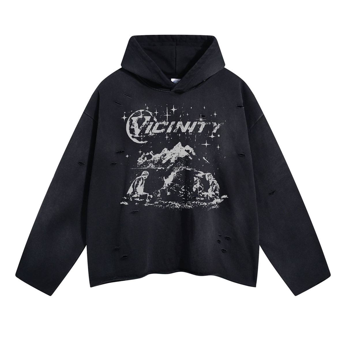 2025 autumn irregular hole raw edge distressed spray monkey print hooded sweatshirt Street fashion retro men's and women's hoodies (LIMITED )