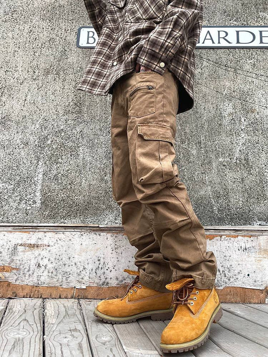 American street spring versatile casual retro solid color workwear trousers men's loose straight mid-waist high street trend