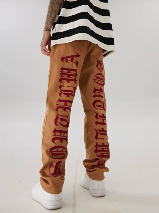 South American high street fashion brand jeans Gothic font embroidery niche casual straight trousers for men and women