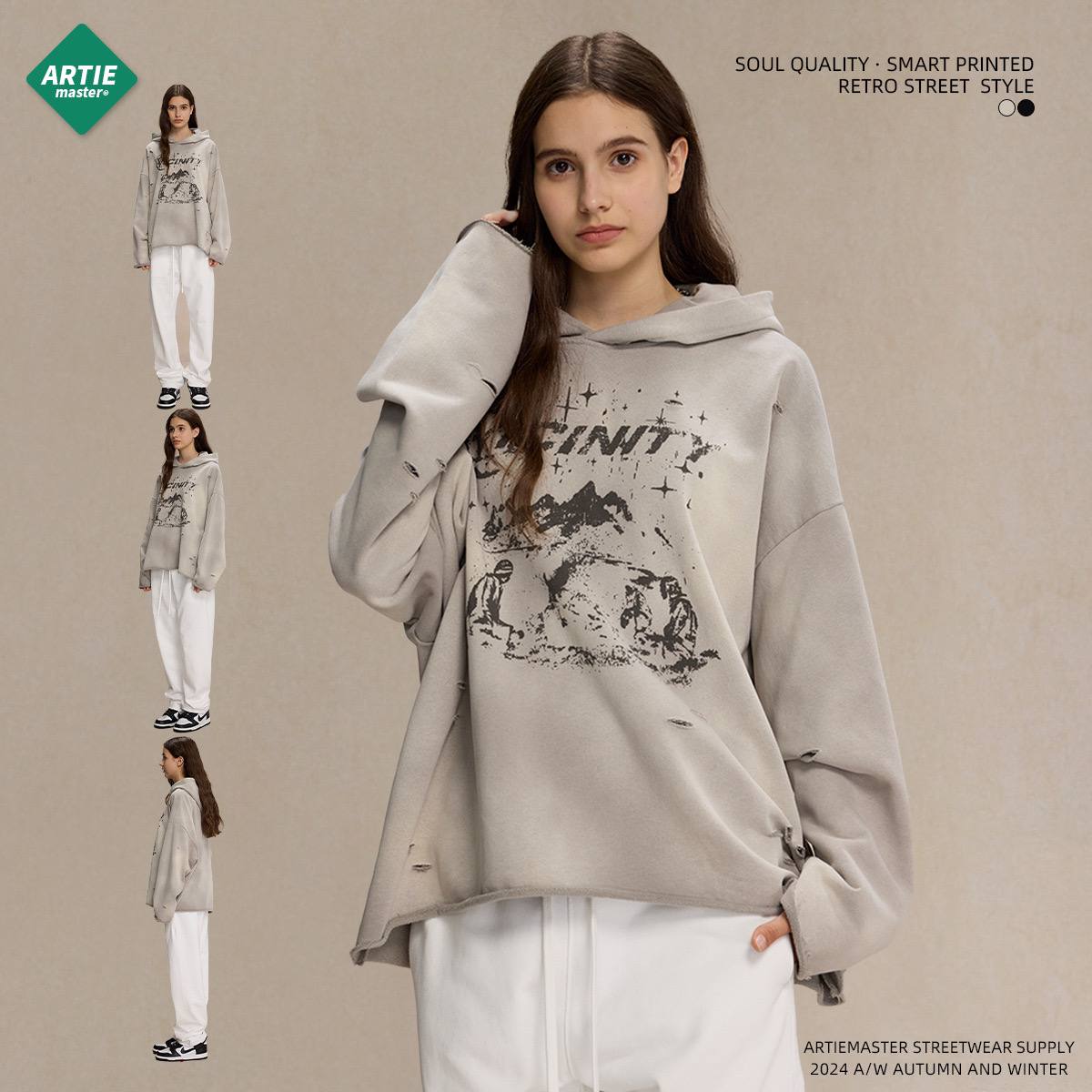 2025 autumn irregular hole raw edge distressed spray monkey print hooded sweatshirt Street fashion retro men's and women's hoodies (LIMITED )