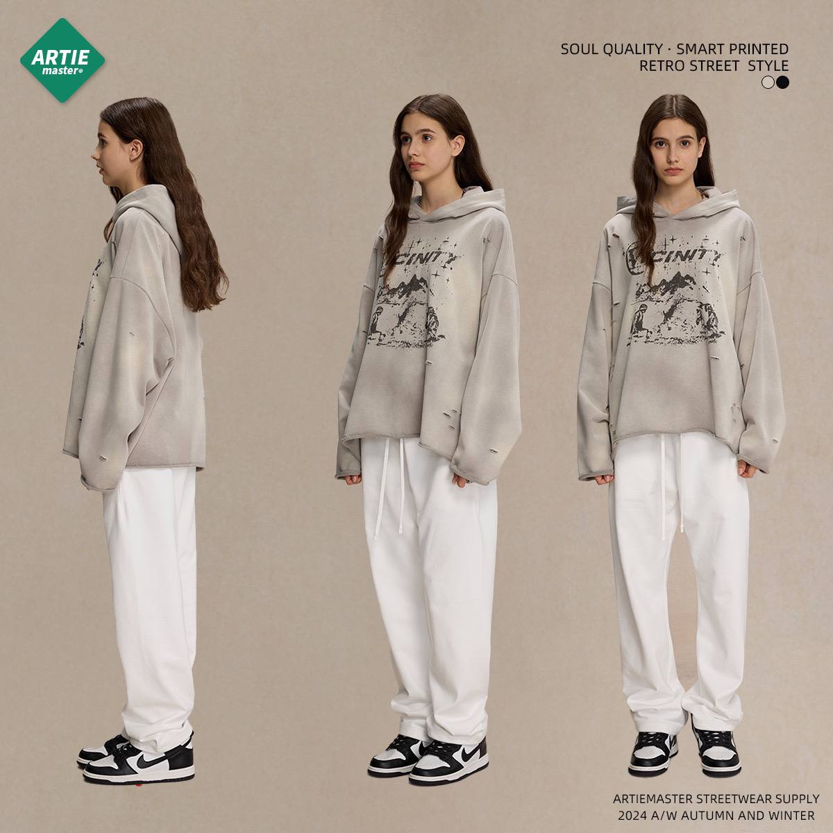 2025 autumn irregular hole raw edge distressed spray monkey print hooded sweatshirt Street fashion retro men's and women's hoodies (LIMITED )